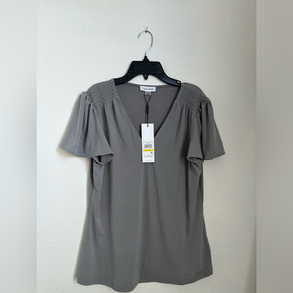 New Calvin Klein Shell Gray V-Neck Blouse Women Size- Medium